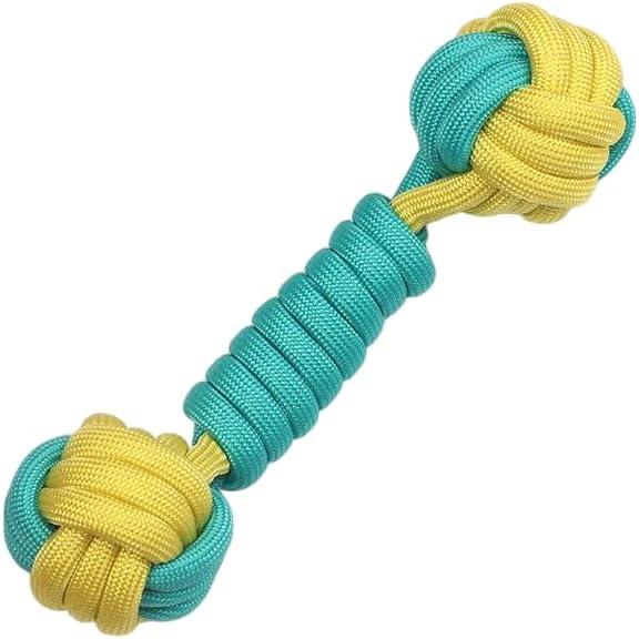Dual-Color Polypropylene Woven Dumbbell Chew Toy for Pets, Durable Teething & Interactive Play Ball for Small and Medium Dogs and Cats (Yellow-Green)