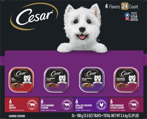 Cesar Classic Loaf in Sauce Wet Dog Food, Beef Recipe, Filet Mignon Flavor, Grilled Chicken Flavor, and Porterhouse Steak Flavor, 3.5 oz. Easy Peel Trays, Variety Pack (24 Count, Pack of 1)