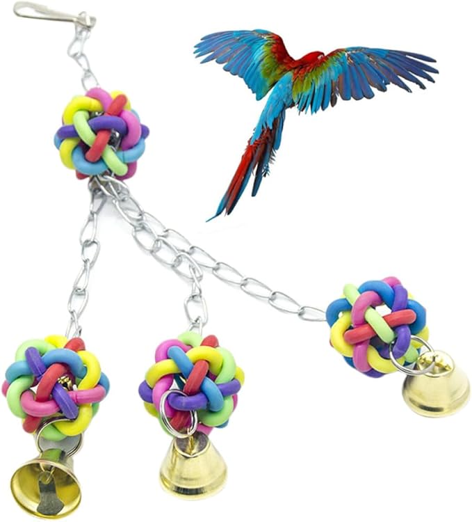Luxshiny Parrot Bite Hanging Chewing Ball with Colorful Plastic Bell for Bird Cage Accessory, Sturdy Parrot Chewing for Pet Birds and Parakeets