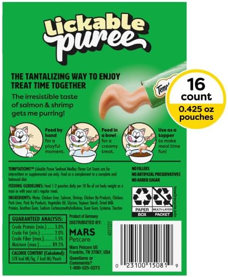 Temptations Creamy Puree Squeezable Lickable Cat Treats, Wet Cat Treats with Salmon and Shrimp, 0.42 oz. Tubes, 16 Count