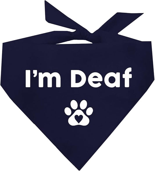 I'm Deaf Dog Bandana | 100% Adjustable Cotton Triangle | Made in USA | Deaf | Impaired | Hearing Loss Accessory | Warning | (Navy, XS 412)