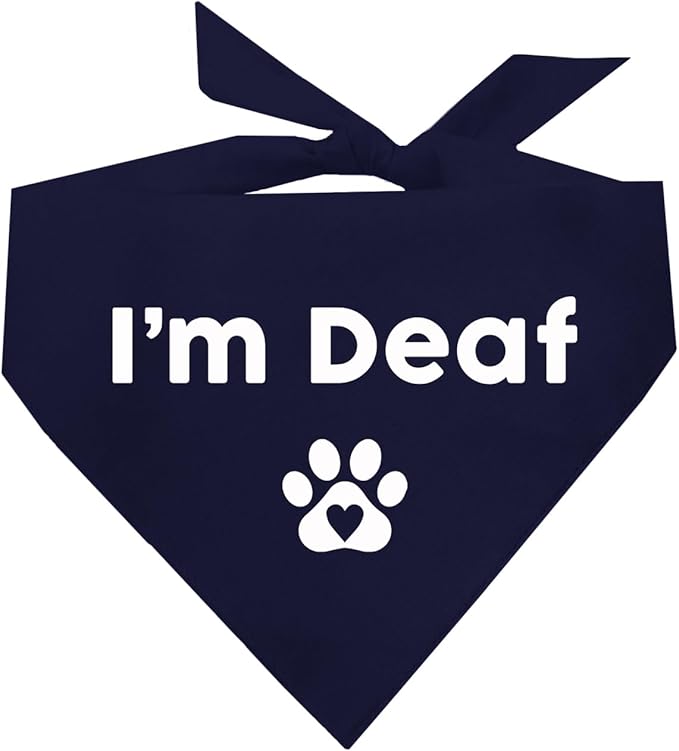 I'm Deaf Dog Bandana | 100% Adjustable Cotton Triangle | Made in USA | Deaf | Impaired | Hearing Loss Accessory | Warning | (Navy, OS 412)