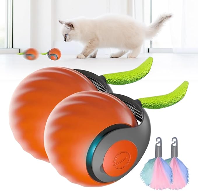 Coloday 2025 New Speedy Toy Cat Toy, Interactive Cat Toys Ball for Indoor Two Speed Adjustment with Replacement Tail, USB Rechargeable Smart Cat Toys Ball Smart Automatic Rolling Pet Ball (Orange* 2)