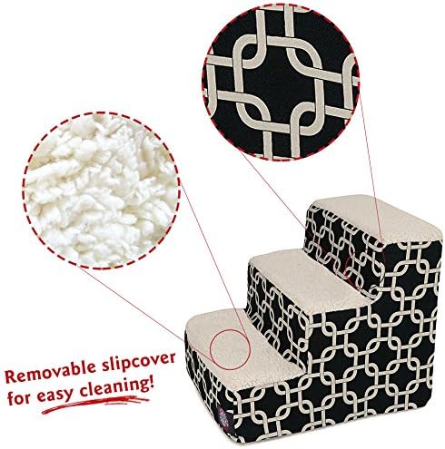 Majestic Pet 3 Step Portable Dog Stairs for Small Dogs to get on Bed Supports 25 lbs or Less – Dog Steps for High Bed with Machine Washable Cover – Pet Stairs for Cats Links Black