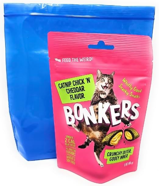 Bonkers Crunchy Cat Treats, 3oz (Variety Pack of 3 - Chicken, Seafood, Catnip) and Resealable Bags
