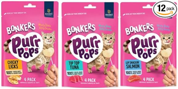 Purrpops Freeze Dried Lollipop Cat Treats, Chicken, Tuna, and Salmon Flavor, Treats for Training, for All Breeds and Ages, Food Topper (12 Pieces) 3-Pack