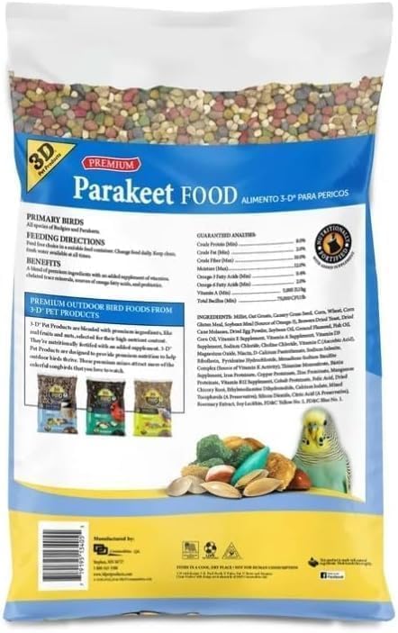 3–D Pet Products Premium Parakeet Bird Food, with Probiotics – (1 Pack) 7.5 Lb. Zipper Seal Bag, for Daily Feeding