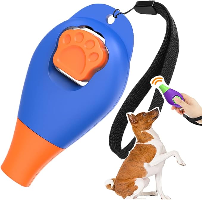 Perwin Dog Training Clicker with Whistle and Wrist Strap - Positive Behavior Reinforcer for Pets - All Ages, Puppy and Adult Dogs - Use to Reward and Train - Dog Whistle Included (Blue)