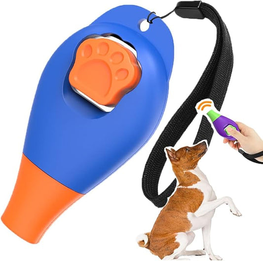 Perwin Dog Training Clicker with Whistle and Wrist Strap - Positive Behavior Reinforcer for Pets - All Ages, Puppy and Adult Dogs - Use to Reward and Train - Dog Whistle Included (Blue)