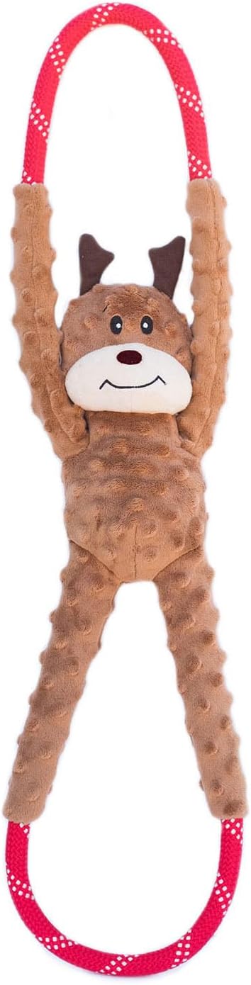 ZippyPaws RopeTugz Christmas Dog Toy - Plush Squeaky Holiday Dog Gifts for Small & Medium Puppy Dogs, Interactive Hide & Seek Stocking Stuffers for Pets - Reindeer