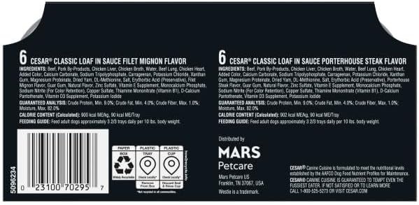 Cesar Classic Loaf in Sauce Adult Wet Dog Food, Filet Mignon Flavor and Porterhouse Steak Flavor, 3.5 oz. Easy Peel Trays, Variety Pack (12 Count Pack of 2)