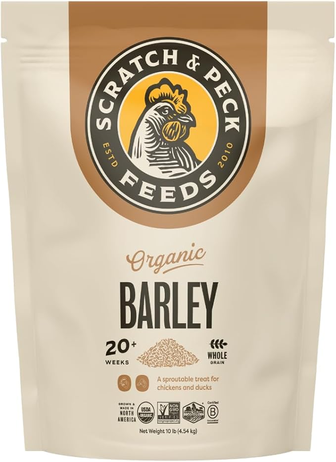 Scratch and Peck Whole Barley Chicken, Duck and Livestock Supplemental Grain - 10 lbs Bag - 8.5% Protein, Certified Organic and Non-GMO Project Verified Chicken Food