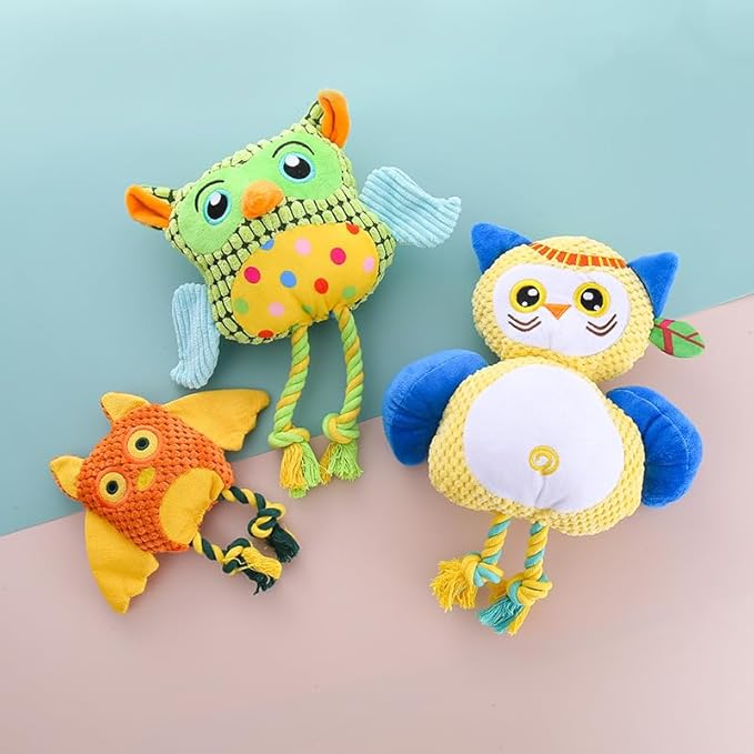 Colorful Owl Pet Toy, Dog and Cat Chew Toy for Interactive Training, Durable Plush with Squeaky Sound, Multiple Owl Designs Available, Made of Corn Plush and PP Cotton (Little Owl)