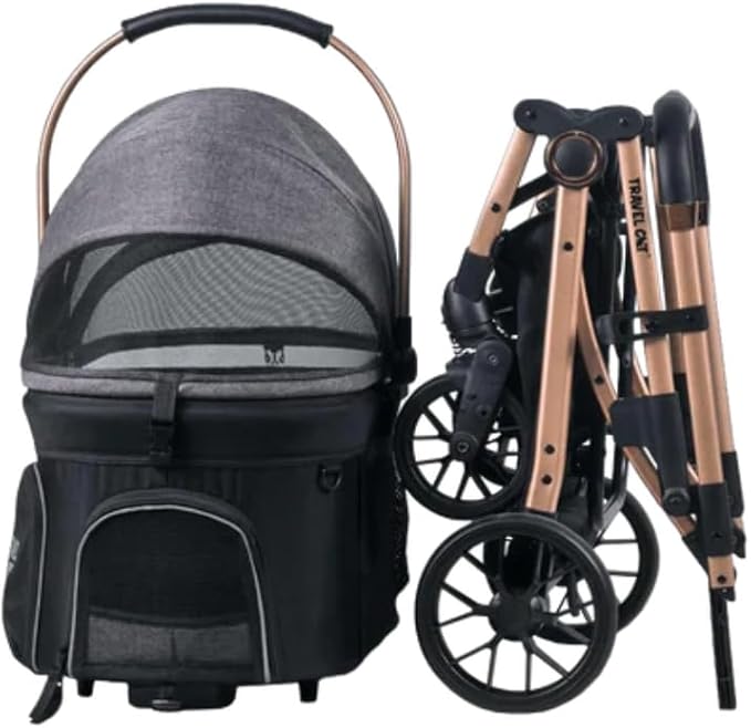 Travel Cat “Whisker Wagon” Deluxe Cat Stroller – Waterproof Bed and Tray, Detachable Bassinet Car Seat Carrier, Shock-Absorbing 360° Wheels, Foldable Travel System for Cats