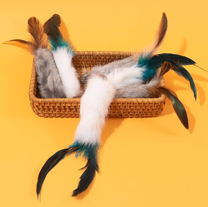 Cat Chew Toys 3-Pack, Feather Tail Plush Stick with Gallnut, Solo Play Toys for Cats, Interactive Self-Play for Biting and Hunting Instincts (Grey)