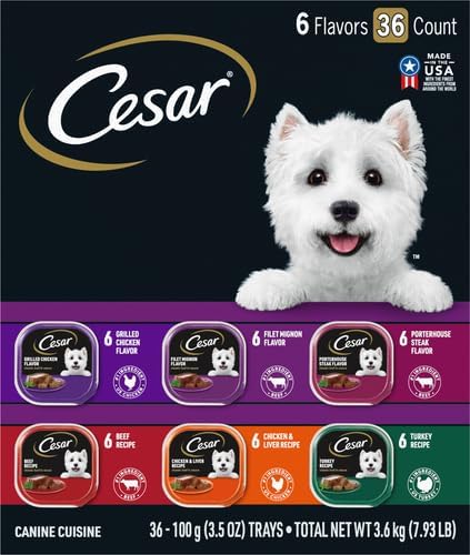 Cesar Wet Dog Food Classic Loaf in Sauce Grilled Chicken, Filet Mignon, Porterhouse Steak, Beef, Chicken & Liver and Turkey Variety Pack 3.5 oz. Easy Peel Trays (36 Count, Pack of 1)