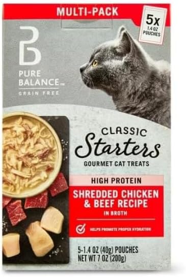 Pure Balance Classic Starters Gourmet Cat Treats, Shredded Chicken & Beef in Broth, High Protein, Soft Treats ~ 5 Pouches of 1.4 Oz Inside, Wet Cat Treat Adult Cats ~ (2 Box).