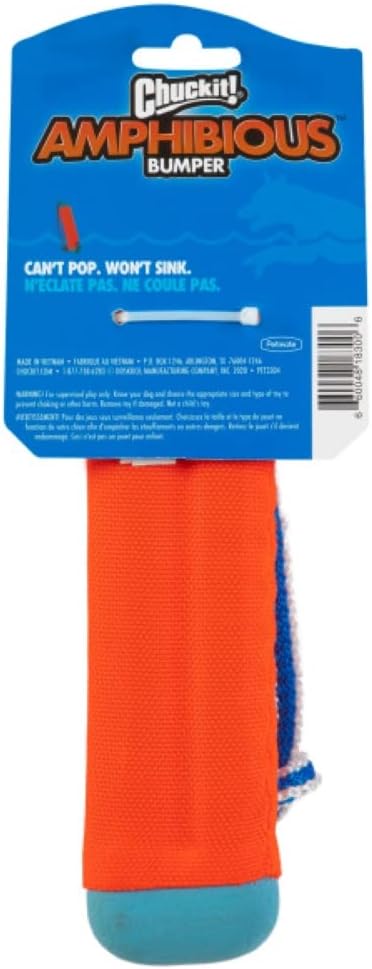 Chuckit! Amphibious Bumper Fetch Stick Toy for Dogs - Floats in Water - Interactive Dog Toys to Keep Them Busy - Tough Rubber, Nylon, and Foam - Non-Slip Rope Handle - Size Medium - Assorted Colors