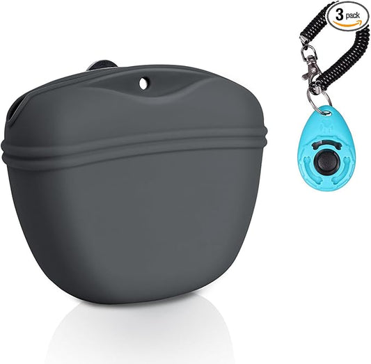 Left&Right Dog Clicker Training Kit,Silicone Dog Training Treat Pouch and Dog Clickers,Dog Treat Bag with Clicker Training for Dogs,Pet Treat Bag with Magnetic Buckle Closing and Waist Clip,Dark Grey