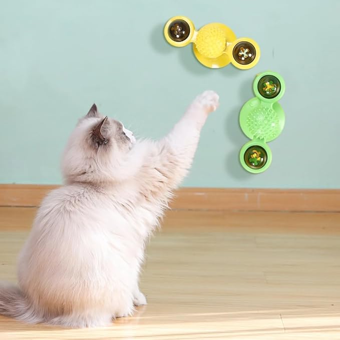 Interactive Windmill Cat Toys with Catnip, 2024 Funny Cat Toys for Indoor Cats Kitten Toys with LED Light Ball, Suction Cup Wall Mount Cat Spinner with Rotatable Toy Ball for Cat(Blue)