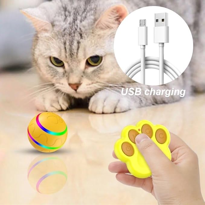 Interactive Pet Ball Toy with Remote Paw Controller, Yellow, Electronic Dog/Cat Entertainment, Self-Rolling, USB Rechargeable, LED Light-Up Pet Toy for Dogs & Puppies.