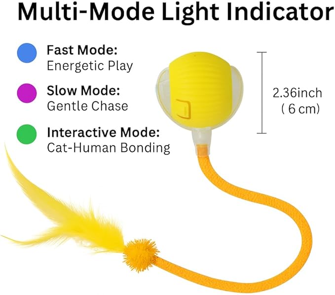Automatic Cat Toy Ball – Rechargeable Cat Ball with Feather & Ribbon Tail – Light-Up Effects – Smart Rolling Indoor Cat Toys – Dual Speeds – Interactive Cat Toys for Kittens