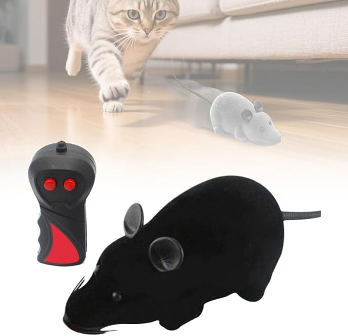 Remote Control Mouse Cat Toy - Rechargeable Interactive Fake Rat Toy for Indoor Cats Dogs, Automatic Moving RC Mouse Toy & Chasing Prank (Black)