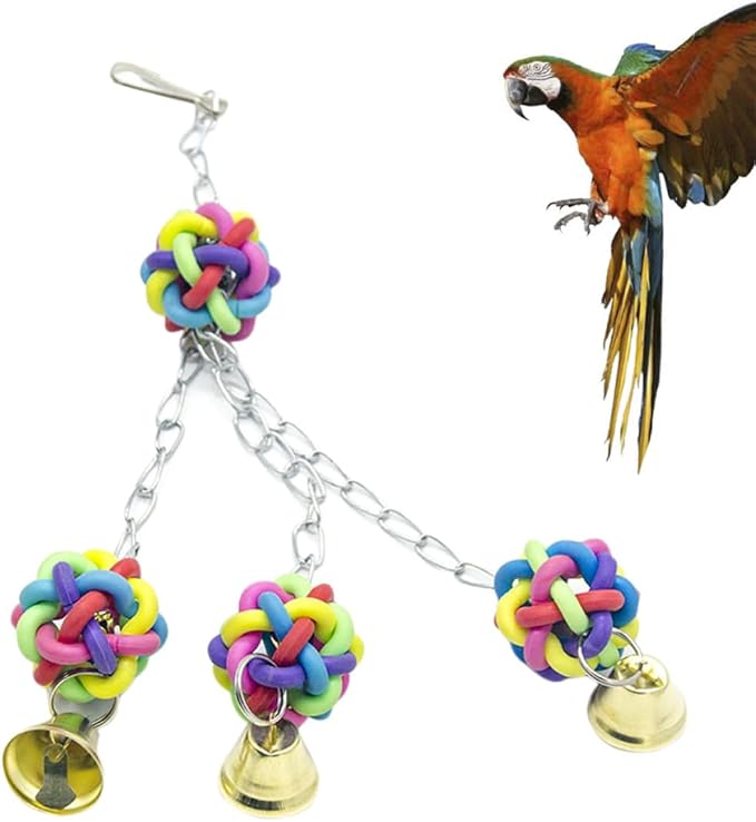 Luxshiny Parrot Bite Hanging Chewing Ball with Colorful Plastic Bell for Bird Cage Accessory, Sturdy Parrot Chewing for Pet Birds and Parakeets