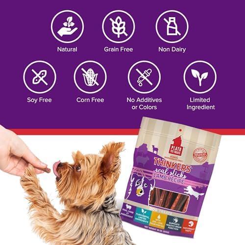 PLATO Pet Treats Thinkers - Meat Stick Treats for Dogs - Limited Ingredient Dog Treats with EPA and DHA to Support Skin, Coat, and Brain - Air-Dried Dog Treats - Thinkers Lamb 10oz - 2 Pack