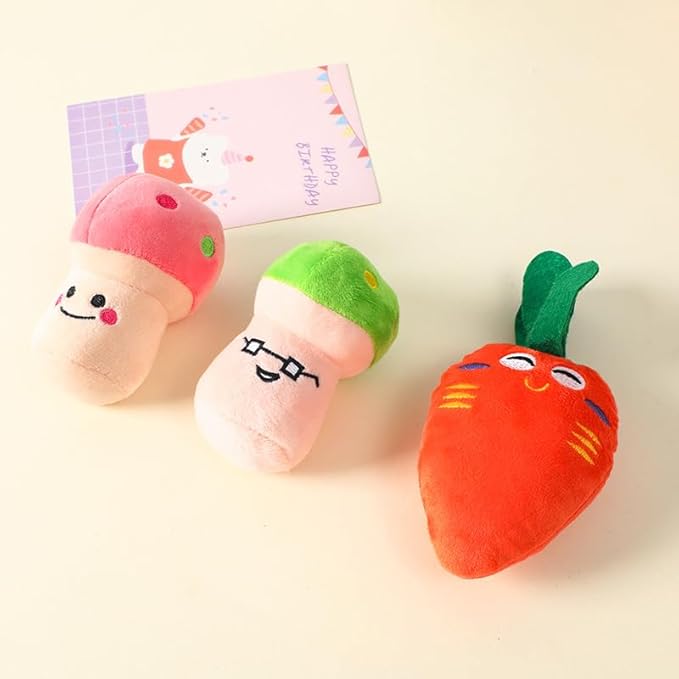 Plush Vegetable Pet Toy with Squeaker, Interactive Chew Toy for Cats and Dogs, Durable and Soft for Comfort, Training, and Boredom Relief (Mushroom [Green])