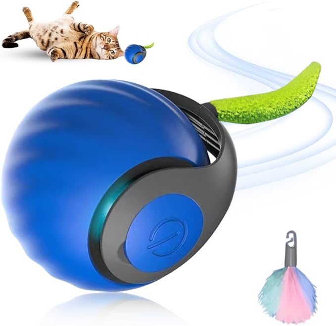 2025 New Speedy Interactive Cat Toy - Two Speed Adjustment, USB Rechargeable Smart Automatic Rolling Pet Ball With Replacement Tail for Indoor Cats (Blue)