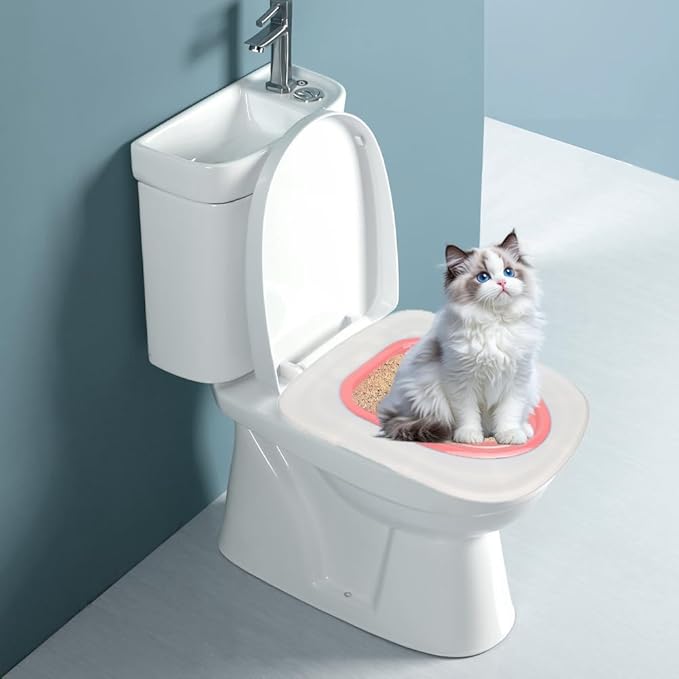 Cat Toilet Training Kit – Litter Box Alternative with Tray, Reusable Potty Seat Adapter for Cats & Kittens, Hygienic Flushable Urinal, Includes Step by Step Trainer Seat(Pink)