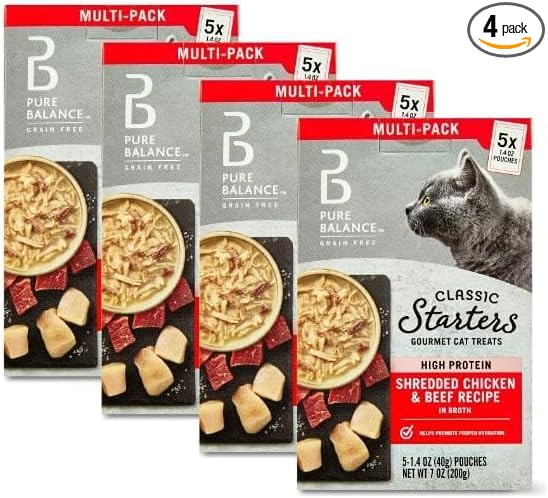 P'ure B'alance Classic Starters Cat Treats, Shredded Chicken & Beef in Broth│1.4oz - 5 Pouches Each in a Box - (Box of 4).