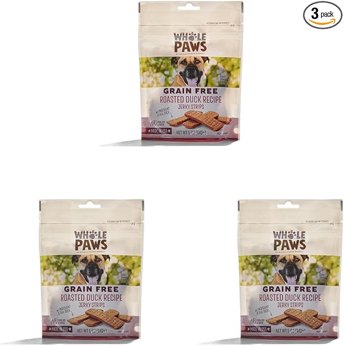 Whole Paws, Grain-Free Jerky Dog Treats, Roasted Duck Recipe, 5 Ounce (Pack of 3)