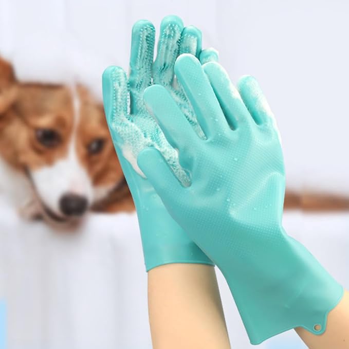 Pet Grooming Gloves Silicone Gloves with High-Density Teeth Enhanced Five Finger Design for Dogs Cats Bathing Massaging (Green)