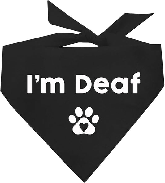I'm Deaf Dog Bandana | 100% Adjustable Cotton Triangle | Made in USA | Deaf | Impaired | Hearing Loss Accessory | Warning | (Black, XS 412)