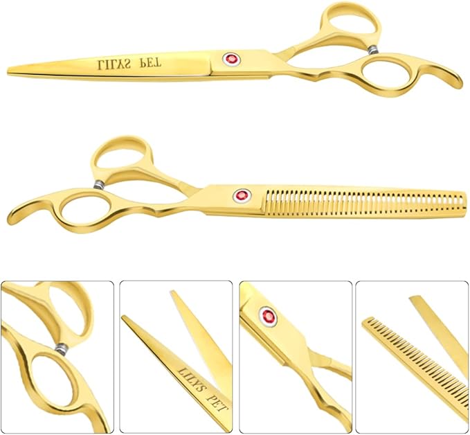 Professional PET DOG Grooming Coated Titanium scissors suit Cutting&Curved&Thinning shears (7.0 inches, Gold)…