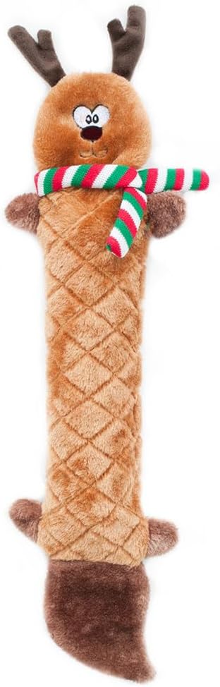 ZippyPaws - Jigglerz Holiday Tough No Stuffing Squeaky Plush Dog Toy with Crinkle Head and Tail - Reindeer