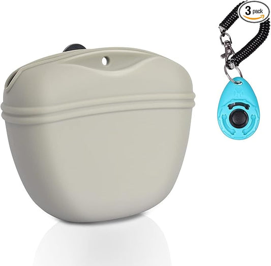 Left&Right Dog Clicker Training Kit,Silicone Dog Training Treat Pouch and Dog Clickers,Dog Treat Bag with Clicker Training for Dogs,Pet Treat Bag with Magnetic Buckle Closing and Waist Clip,Beige