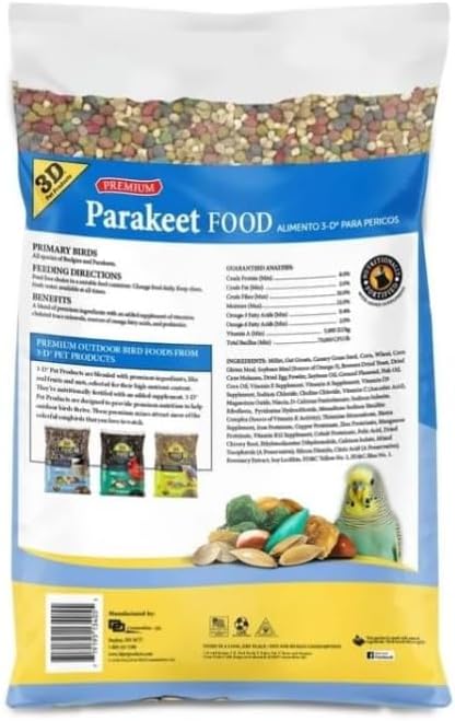 3–D Pet Products Premium Parakeet Bird Food, with Probiotics – 7.5 Lb. Zipper Seal Bag, for Daily Feeding.