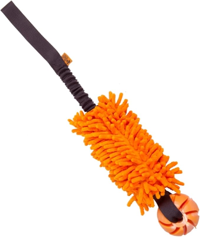 Dingo tug Toy for Dog, for Outdoor Indoor Play and tug of war, Bungee Handle, Soft Shaggy Nubby Like Plush Noodle and TPR Rubber Ball, Orange 15586