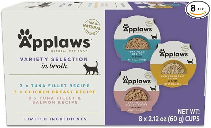 Applaws Natural Wet Cat Food in Broth, Limited and Natural Ingredients, High Protein with No Artificial Additives, Variety Pack in Broth (8 x 2.12 oz Easy-Open Cups)