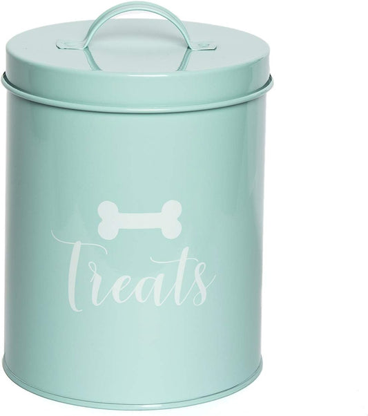 Park Life Designs - Metal Pet Treat Jar with Airtight Lid for Dogs, Cats, Puppies and More, Chic Kitchen Countertop Container for Cookies, Biscuits and Treats (Jasper, Powder Blue, 1.4 Qt)