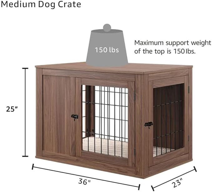 unipaws 36 Inch Furniture Style Dog Crate for Medium Dogs, Indoor Puppy Kennel with Door, Modern Decorative Wood Wire Pet Cage, Pretty Cute End Side Table Nightstand, Walnut