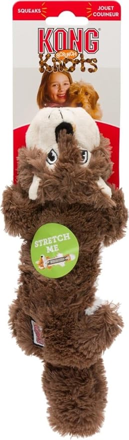 KONG Scrunch Knots 2 Pack Dog Toy – Stuffing-Free Plush with Internal Knotted Ropes & Squeaker – Durable Tug & Chew Toy (Squirrel, Medium/Large)