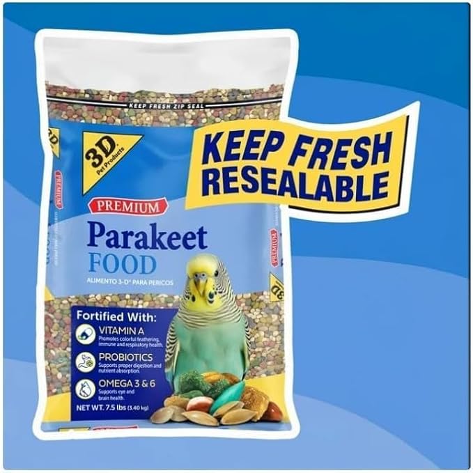 3–D Pet Products Premium Parakeet Bird Food, with Probiotics – (1 Pack) 7.5 Lb. Zipper Seal Bag, for Daily Feeding