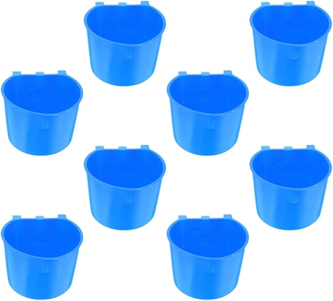 8pcs Hanging Rabbit Water Cup and Bird Cage Feeding Bowls, Thickened Plastic Small Animal Food and Water Cups for Chicken Coop and Pet Cage, 8.3x8.3x6cm, Blue