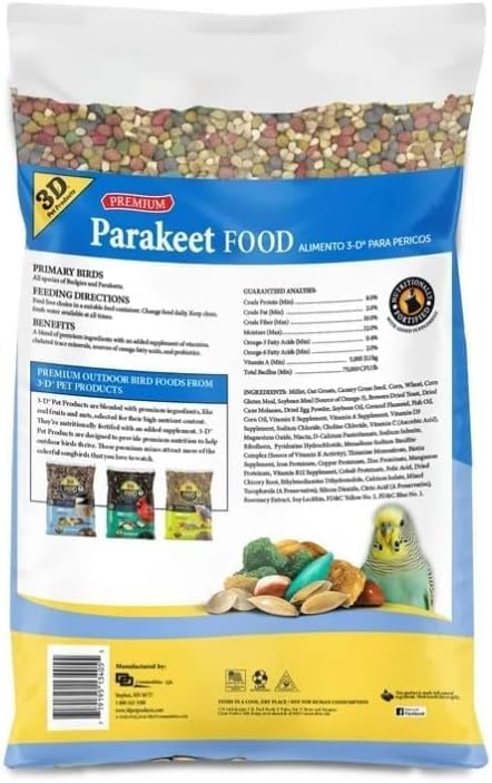 3–D Pet Products Premium Parakeet Bird Food, with Probiotics – 7.5 Lb. Zipper Seal Bag, for Daily Feeding.