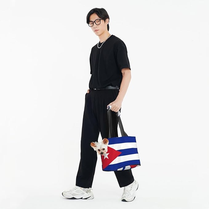 Foldable Pet Carrier Sling - Waterproof Small Dog & Cat Travel Cuban Flag Tote with Safety Hook for Hiking