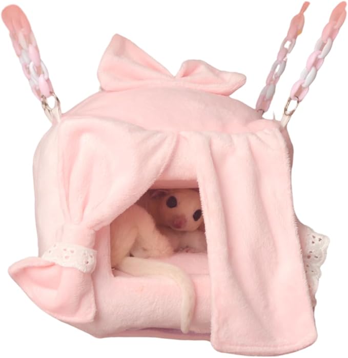 Warm Sugar Glider Nest with Hooks and Acrylic Chains Bird Cage Accessory Hamster Hammock Swing Parrot Small Animal Hanging Bed for Parrot Squirrel Cockatiel (Pink,Medium)